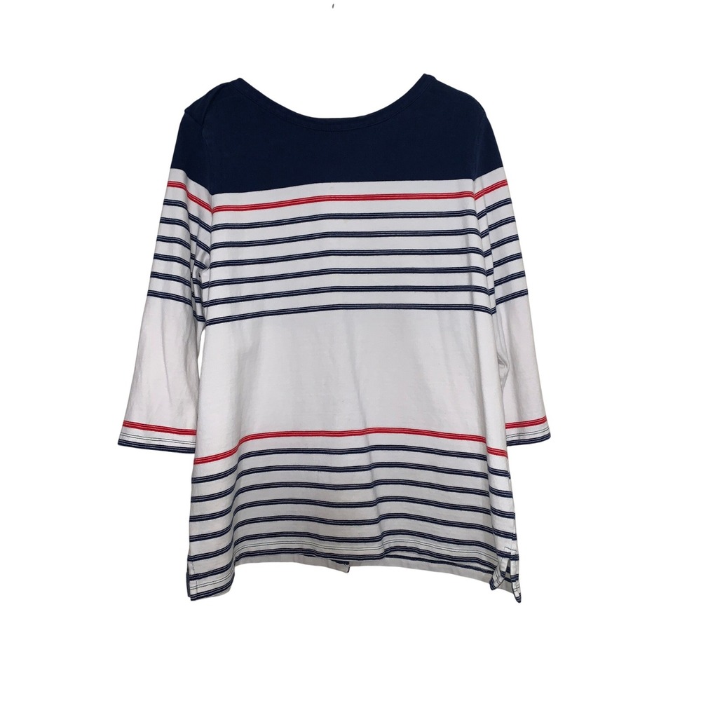 Lands End Striped Button Back Tunic Top Navy White Red 3/4 Sleeve XL